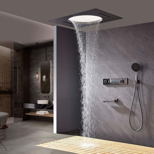HKTHE Sistema Doccia con Miscelatore Termostatico, Set Doccia Completo con 800x600mm Soffione in Acciaio Inossidabile, Display Digitale a LED, Colonna Doccia con Valvola, Installazione a soffitto