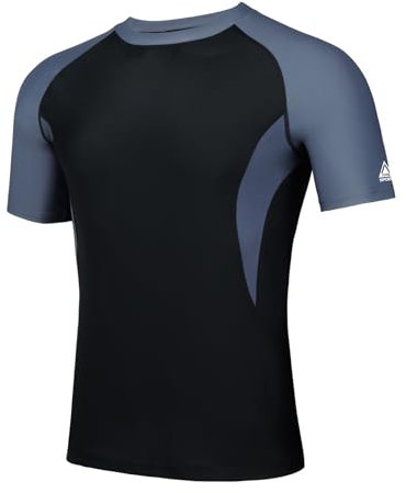 AMZSPORT Herren Rash Guard Shirt, UPF 50+ UV Schutz Kurzarm T-Shirt, Schnelltrocknendes Sonnenschutz Vest für Schwimmen, Surf, Laufen, Angeln, Schwarzgrau, XL