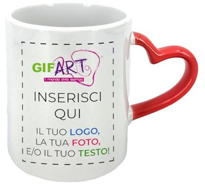 GIFART Tazza Personalizzata in Ceramica Colazione Manico Cuore Vari Colori - 330 ml Personalizzabile con Foto e Scritta - Regalo Festa della Mamma, Papà, Fidanzata (Manico rosso interno bianco)