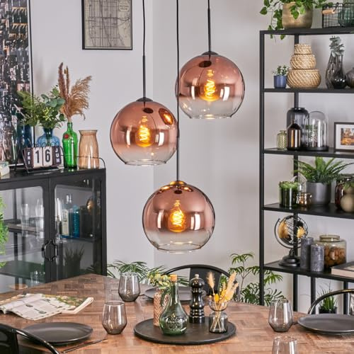 HOFSTEIN Hängeleuchte Koyoto, 3-flammige Hängelampe aus Metall/Glas in Schwarz/Kupferfarben/Klar, moderne Pendelleuchte im Retro/Vintage-Design, Schirme Ø 25 cm, E27, Esszimmer, Küche, Wohnzimmer