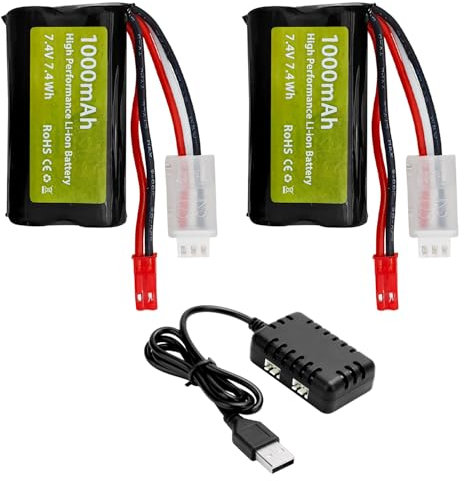 ZYGY 2PCS 7.4V 1000mah 2S Batterie Li-ION avec fiche JST et Chargeur 2 en 1 pour Voitures RC, acrobaties, camions, véhicules de Construction, Bateaux RC, excavateurs, modèles de Voitures Jouets