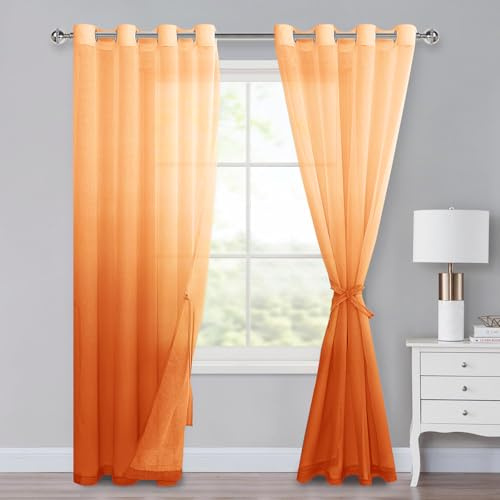 XWZO Voile Gardinen mit Ösen Vorhänge Farbverlauf Vorhang Sheer Ombre Gardinen 2 er Set für Schlafzimmer und Wohnzimmer Schlaufengardinen mit Raffhalter H225xB140cm Orange