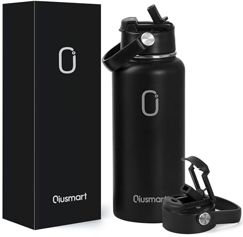 Edelstahl Trinkflasche mit Strohhalm 1L: Auslaufsichere doppelwandige vakuumisolierte Flasche für Sport, Reisen, Fitnessstudio, BPA-frei (Schwarz)
