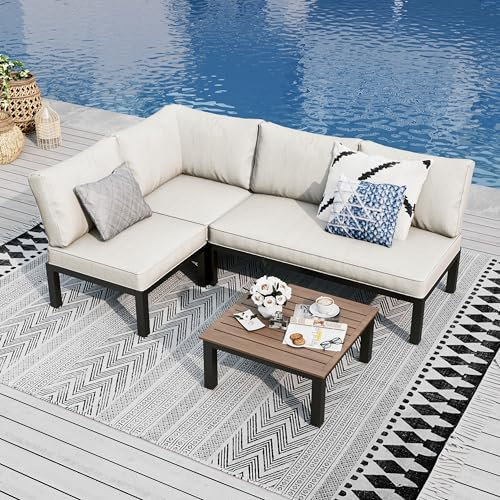 PHI VILLA Gartenmöbel Balkonmöbel Set 4 Teilig, Metall Lounge Möbel Outdoor Gartenlounge Set 4-Sitzer, Terrassenmöbel Modulare Möbel mit Verstärkten Kissen und Kaffeetisch, Beige