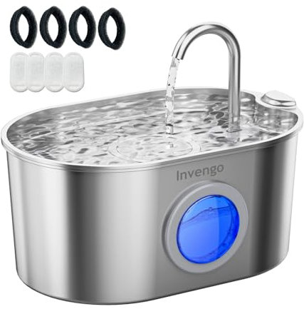 Invengo MeowFlow B30 Fontaine à Eau pour Chat, 2,2 L en Acier Inoxydable avec fenêtre de Niveau d’Eau, Facile à Nettoyer, 4 filtres Inclus, Design Anti-éclaboussures