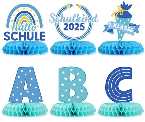 BETESSIN Einschulung Deko Junge Blau - Schulkind 2025 Junge - 6 Stück Tischaufsteller mit Boho-Regenbogen & Schultüte Motiv - Bienenwabe Mittelstück - Tischdeko für Einschulung, Schulanfang uvm.