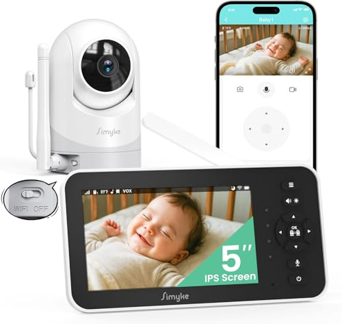 Simyke Monitor de video para bebé con cámara y audio, pantalla de 12,7 cm, 720P, sin wifi o modo de aplicación gratuita, Pan-Tilt-Zoom, canciones de cuna, recordatorio de alimentación, visión nocturna