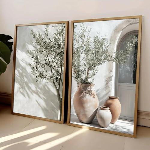 Neutraler Olivenbaum-Schattenvase-Leinwanddruck, Poster, Retro-botanische Landschaft, Kunstdruck, Heimdekoration, Kunst, Leinwandgemälde, 50 x 70 cm, 2-teilig, rahmenlos