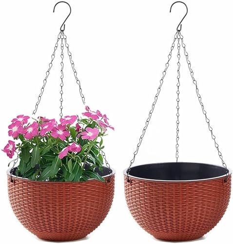 Blumenampel Hängend Außen und Innen Kunststoff Hängetopf für Pflanzen 2 Stück Blumentopf Hängend Hängeampel mit Kette Selbstbewässerung Hängepflanztöpfe für Blume Decken Balkone Garten (Orange)