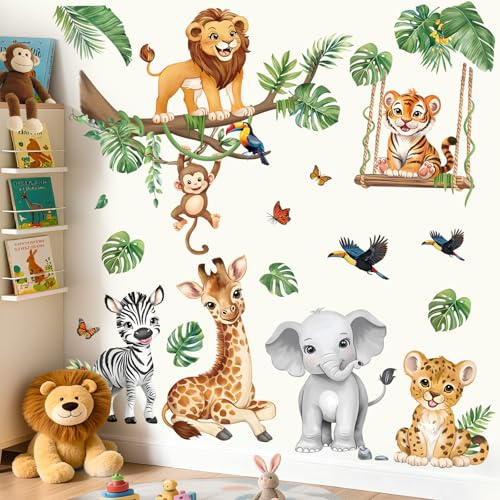 decalmile Safari Animals Jungle Tree Branch Leaves Wall Decals Stickers | Peel and Stick Decals for Walls, DIY Wall Art Stickers, Removable & Wall-Safe, Vibrant Colors Wall Decor