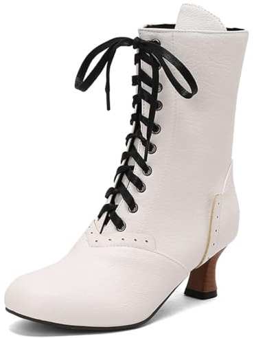 Qynthra Women's Stivali Vittoriani in Pelle A metà Polpaccio con Lacci Tacco Basso Gotico Cosplay Rinascimento,Bianca,44 EU