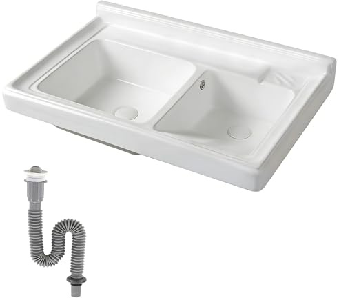 Lavatoio Ceramica da Incasso, a Doppia Vasca, con Asse per Lavare Integrato, Lavandino Bagno con Kit di Scarico, per Mobile Bagno o Lavanderia(810mm/31.9in)
