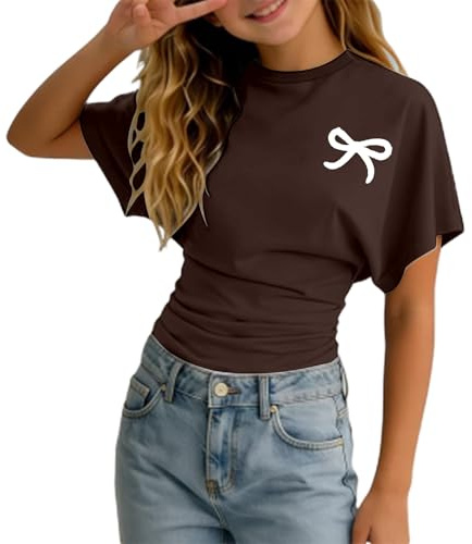 Tee Shirt Tunique Enfant Fille Manche Courte Col Rond Ete a la Mode Légère Fluide T Shirt Ado Fille été Chic Mignon Casual Sport Vacances Haut Tops 3-14 Ans (Brown, 11-12years)