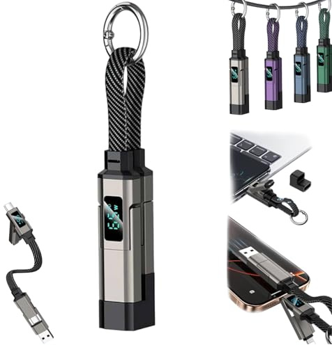 UIRPK 4-in-1 Digital Display Keychain Charging Cable， Keychain Charging Cable – Ultimate Portability, Smart Power Display,Multi-Interface Connector for Phone Tablet Laptop (black)
