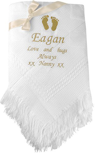 TeddyT's Personalised Gift Message White Baby Shawl Blanket (Gold Embroidery)