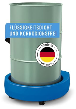 DENIOS Fassroller Poly100 E aus Kunststoff, blau, für 200 Liter Fässer, Traglast 300 kg, zum sicheren Transport schwerer Lasten, 2 Lenkrollen, 2 Bockrollen, integrierte Tropfwanne