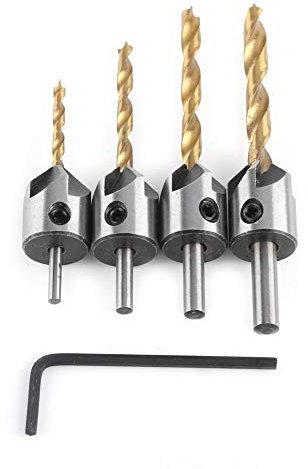 Titanbeschichtete Senkbohrer Bohrlochsatz, HSS Kernbohrer zum Fräsen Holzbearbeitung mit Fasen Senker Bohrer(3-6 mm (3/4/5/6 mm))