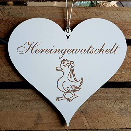 Schild Herz « HEREINGEWATSCHELT » ca. 13 x 12 cm - mit Motiv ENTE - Türschild Dekoschild Geschenk - Enten