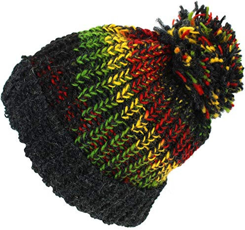 LOUDelephant Wolle Gestrickte Beanie-Mütze Pudelmütze - Rasta, One Size