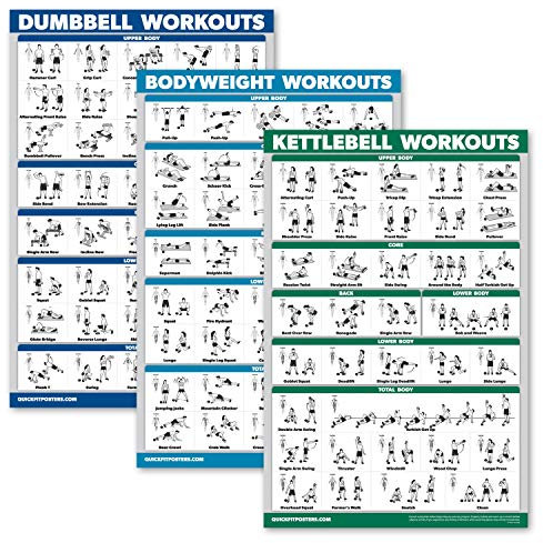 QuickFit 3er-Pack – Hanteltraining + Kugelhantel-Übungen + Bodyweight Routine Poster-Set – Set mit 3 Trainingstabellen, laminiert, 18 x 27