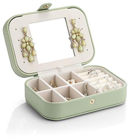 Vlando Reise-Schmuckkästchen für Damen, PU-Leder, 2-lagig, Schmuck-Organizer, Halter für Halsketten, Ohrringe, Ringe, grün