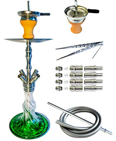 Orient Supply Premium Shisha Edelstahl 55 cm - Wasserpfeife mit Kaminkopf 4 Anschlüsse 18/8 Schliff inkl. 4 Adapter Schlauch + Mundstück und Diffusor (Grün)