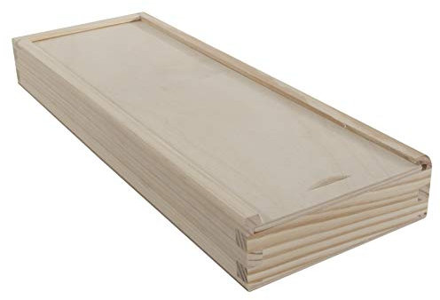WooDeeDoo Slim Wooden Storage Box for Crayons Pencils Paintbrushes or DIY Crafts – Sliding Lid Unfinished Pine Craft Box – 30.5 x 10.5 x 3.5 cm – Plain Pine to Decorate or Personalise