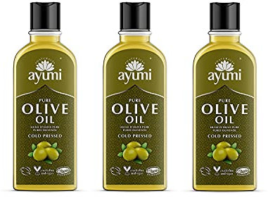 Ayumi Pure Olivenöl, Kaltgepresstes Olivenöl, Für Gesünder Aussehende Haare & Weniger Falten auf der Haut. Mit Vitamin A, D, E & K sowie Squalan, 3 x 150ml
