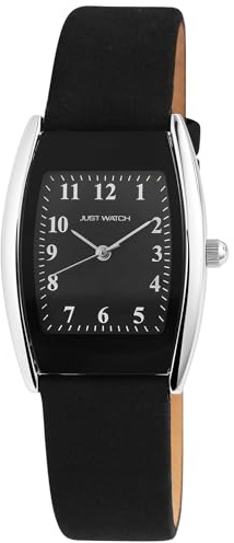 Just Watch Damen Armbanduhr Analog, Gesamtlänge 24 cm, Echtlederarmband – 5 ATM (Schwarz/Silber)