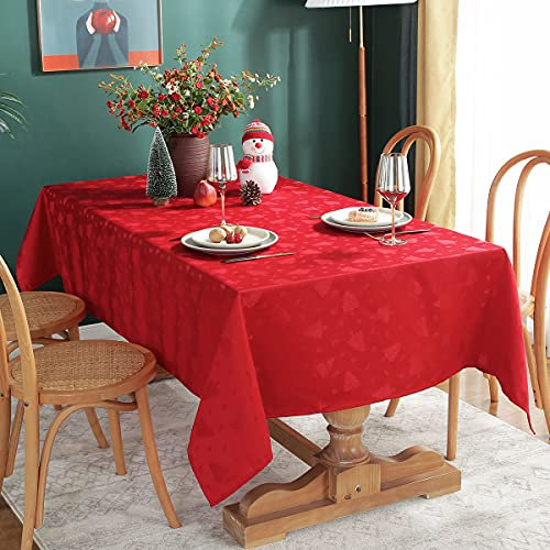 Christmas Tablecloth Rectangle, Jacquard Table Cloth Spillproof and Wrinkle Resistant with Christmas Tree Patterns for Dining Room & Holiday Decoration (Red, Oblong, 132 x 178 cm (4-6 Seats))