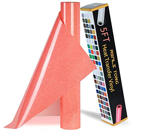 RENLITONG Red Orange Glitter HTV Heat Transfer Vinyl Rolls - 12 Inch x 5 feet Iron on Vinyl for T-Shirt and Silhouette, Easy to Cut & Weed for Heat Transfer Design (Glitter Red Orange)