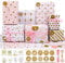 FullJoyHut 7 Pink and Gold Gift Wrapping Paper Sheets 70X50CM, including 16 Kraft Paper Gift Tags, 20 Stickers, 4 Gold Jute Twine String for Women, Birthday, Valentine,Christmas