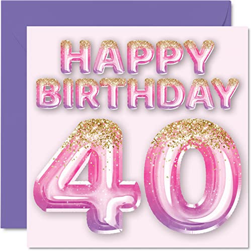 Geburtstagskarte zum 40. Geburtstag für Frauen – rosa und lila Glitzerballons – Happy Karten für 40 Jahre alte Frau Mama Cousin Freund Schwester Tante, 145 mm x 145 mm Grußkarten zum 40. Geburtstag