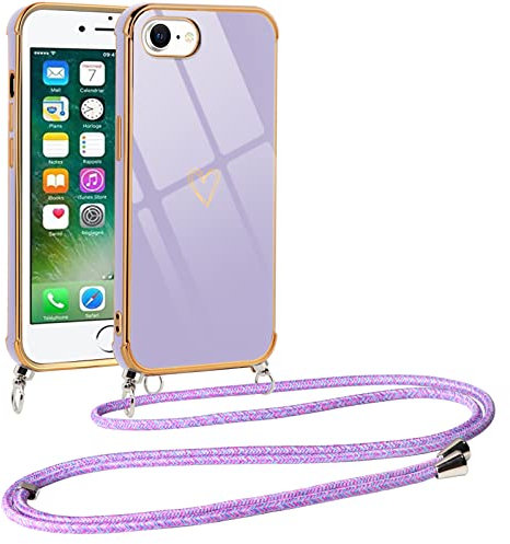 Vauki handyband Hülle für iPhone SE 2022/2020/iPhone 8/7 mit Band, mit Liebesmuster TPU Handyhülle Ultra dünn Stoßfeste, Galvanik Silikon Case Bumper mit Kordel zum Umhängen für iPhone 8, Lila