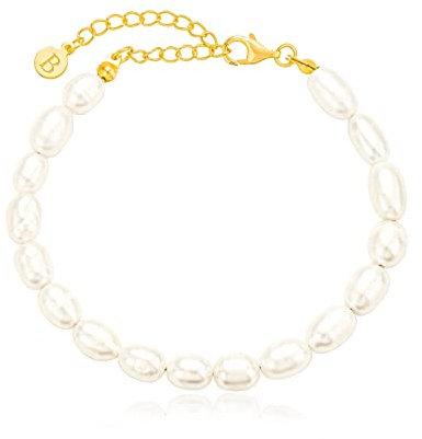 Brandlinger Perlenarmband Damen Silber 925. Armband Perlen vergoldet mit 18 Karat Gold, Schmuck für Frauen und Mädchen. Länge verstellbar 16-20cm. (Große Perlen)