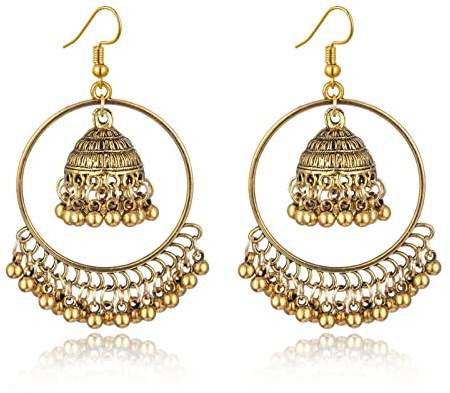 GAUEIOUR Indian Earrings,Seaside Holiday Souvenir Indian Ethnic Style Jewelry Earrings,Ethnic Style Exaggerated Retro Earring,Bell-Shaped Fringe Hmong Accessory (Gold)