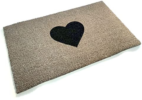 Black Ginger Large, Thick, Decorative, Patterned Coir Door Mats with Nature Designs (Grey Heart)