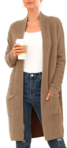IWOLLENCE Womans Long Boyfriend Cardigan Jumpers Thick Fuzzy Fluffy Knit Sweater Tops for Ladies UK Women's Cardigans (Dark Khaki, M)