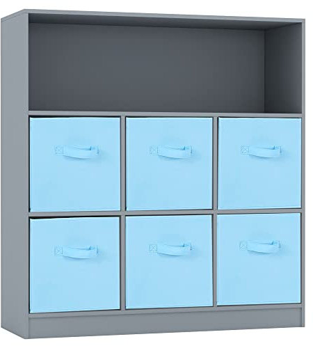 URBNLIVING Wooden Wide 7 Cubed Cupboard Bookcase Storage Units Shelves 6 Drawers Baskets (Sky Blue Drawer, Grey Bookcase)