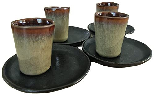 PintoCer Lot de 4 tasses à expresso en céramique sans anse Vert/noir