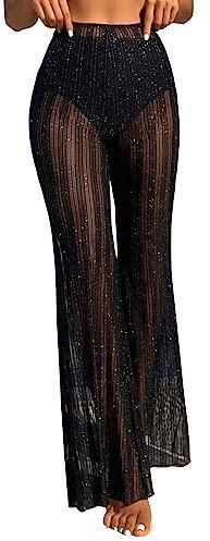 GORGLITTER Durchsichtig Hose Damen Transparent Schlaghose mit Glitzer Festival Outfit Hose Netz Rave Hose Casualhose Schwarz M
