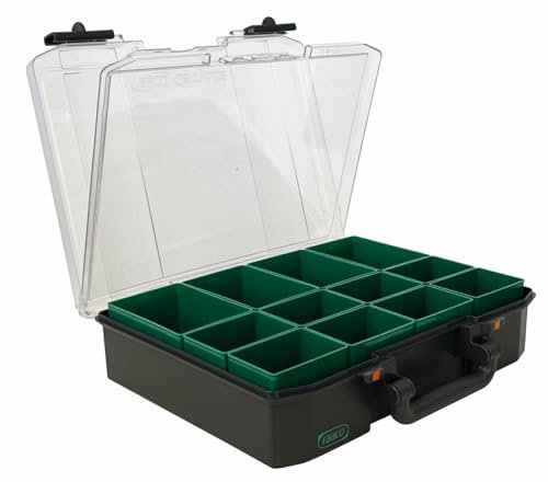 raaco CarryLite 80 4x8-12: Premium Sortierbox für Werkstatt mit Sandwich-Deckel, 12 Einsätze, Sortimentskasten & Sortierboxen für Kleinteile, Traglast 10 kg, Sichere Aufbewahrung, 27,8 x 33,7 x 8,2 cm