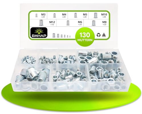 EMHAP© Praktisches Nietmuttern Set im Organizer Box 130-teilig UNIVERSELLE Gewindenieten Set in 7 Größen M3 - M12 aus verzinktem stahl