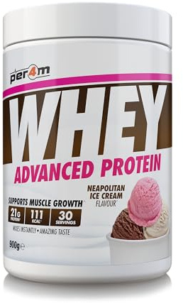 Per4m Whey Protein, Molkenprotein mit vollem Aminosäureprofil, unterstützt Muskelaufbau & Regeneration, reich an essentiellen Aminosäuren, für Sportler nach dem Training – Neapolitaner Eiscreme – 900g