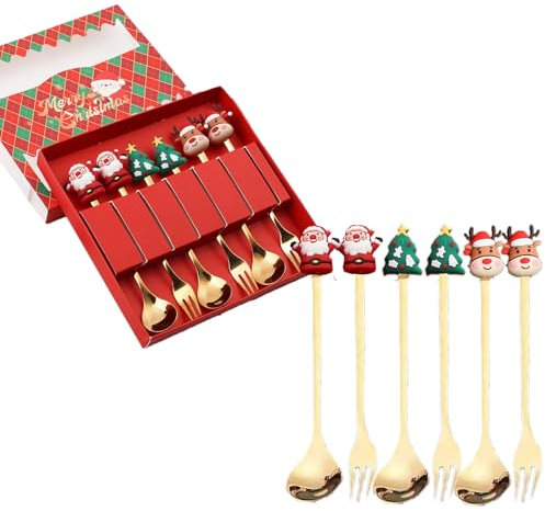 Posate Dorate Natalizie,Set di posate natalizie,Servizio di Posate in Acciaio Inox con 3 Forchette e 3 Cucchiai,Set di Posate Natalizie in Oro con Scatola Regalo Decorazioni (Rosso)