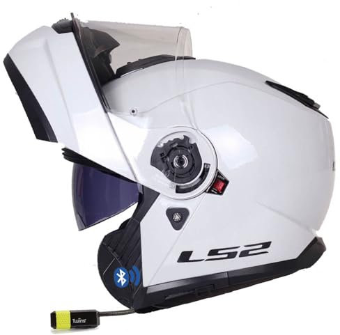 LS2 FF908 Strobe II Blanco - Twiins HF3 Bluetooth-Intercom Integrado - Casco de Moto Modular con Visor Solar - Homologado ECE 22.06 (XXL)