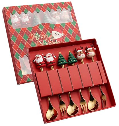 curfair Juego de vajilla navideña de acero inoxidable con temática navideña, utensilios de comedor festivos para elegantes decoraciones de mesa de vajilla de Navidad, incluye G dorado