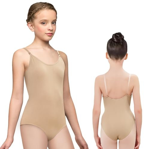 iMuchic Nackter Gymnastikanzug für Mädchen, nahtlos, Unterbekleidung für Ballett, Tanz, Gymnastik, mit verstellbaren, transparenten Trägern, Beige, Large
