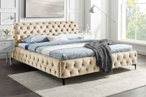 Riess Ambiente Design Doppelbett MODERN BAROCK 180x200cm Champagner strukturierter Samt Chesterfield Bettgestell