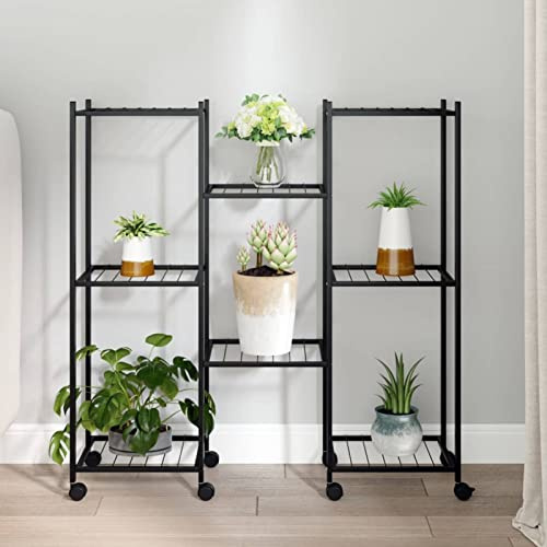 Mengtu Blumenständer mit Rollen Blumenregal Pflanzenständer Pflanzenregal Blumenbank Blumentreppe Pflanzentreppe für Wohnzimmer Balkon Schwarz Eisen 83x25x83,5 cm Garten Möbel